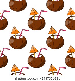 Coconut cocktail with umbrella and straw. Seamless summer pattern. alcohol holiday. Relax on the beach and at the bar. Hand drawn vector illustration. background wallpaper print ornament fabric paper