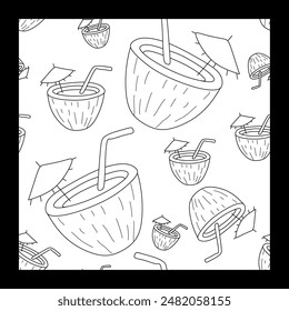 Coconut cocktail with umbrella and straw. Seamless summer Linear pattern. Relax on the beach and at the bar. Hand drawn vector illustration. background wallpaper paper line doodle coloring