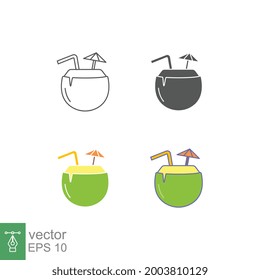 Coconut cocktail with umbrella and straw. Summer cocktail coconut milk drink juice with garnish. Fresh coco milk beverage in beach vacation icon. Vector illustration Design on white background. EPS10