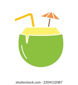 Coconut cocktail with umbrella and straw. Summer cocktail coconut milk drink juice with garnish. Fresh coco milk beverage in beach vacation icon. Vector illustration filled outline style. EPS10