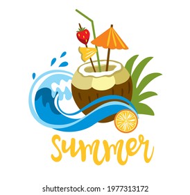 Coconut cocktail. Vacation summer. Illustration of beach, sea, wave, palm. Tropical print. Vector