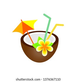 Coconut cocktail vector illustration isolated on a white background. Realistic frangipani flower.