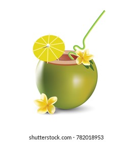 Coconut cocktail vector illustration isolated on a white background. Realistic frangipani flower.