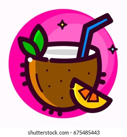 Coconut cocktail vector illustration in modern line art style, beautiful beach bar logo with cooling drinks