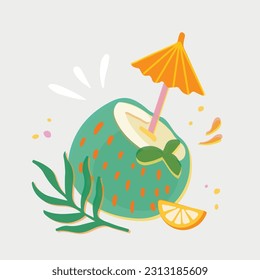 Coconut cocktail vector illustration. Summer cocktail with palm leaf, umbrella and lemon slice in risoprint style. Hand-drawn vivid design for prints, poster, banner