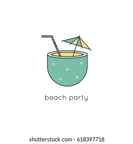 Coconut cocktail vector thin line icon. Isolated symbol. Logo template for beach party, element for travel agency products, tour brochure, excursion banner. Simple mono linear modern design.