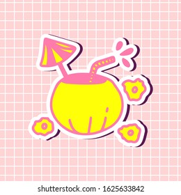 Coconut cocktail in yellow and pink colors sticker isolated on textured background. Sign girly element. Vector illustration in cartoon style. Monochrome clip art icons for design. Simple bright print.
