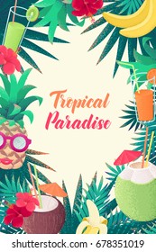 Coconut cocktails, juice, bananas, pineapple girl with sunglasses and lips vertical frame. Tropical paradise lettering. Retro vector illustration. Invitation, banner, card, poster, flyer, border