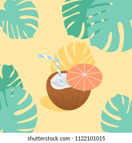 Coconut cocktails with small umbrella, hibiscus flowers and palm leaves banner. Place for your text. Invitation, banner, card, poster, flyer. Summer vibes vector concept