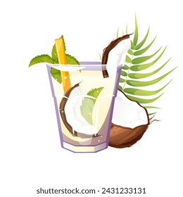 Coconut cocktail.Summer refreshing drink,lemonade with coconut,mint.Vector illustration.