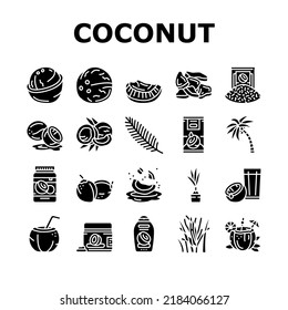 coconut coco fruit fresh white icons set vector. half milk, tropical oil, green nut, juice drink, food, brown whole natural water coconut coco fruit fresh white glyph pictogram Illustrations