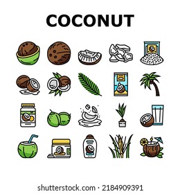 coconut coco fruit fresh white icons set vector. half milk, tropical oil, green nut, juice drink, food, brown whole natural water coconut coco fruit fresh white color line illustrations