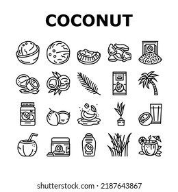 coconut coco fruit fresh white icons set vector. half milk, tropical oil, green nut, juice drink, food, brown whole natural water coconut coco fruit fresh white black contour illustrations