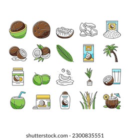 coconut coco fruit fresh white icons set vector. half milk, tropical oil, green nut, juice drink, food, brown whole natural water coconut coco fruit fresh white color line illustrations