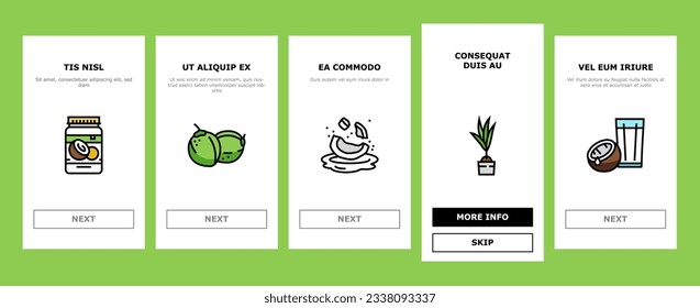 coconut coco fruit fresh white onboarding mobile vector. half milk, tropical oil, green nut, juice drink, food, brown whole natural water coconut coco fruit fresh white color line illustrations