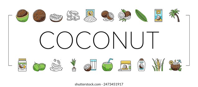 coconut coco fruit fresh white icons set vector. half milk, tropical oil, green nut, juice drink, food, brown whole natural water coconut coco fruit fresh white color line illustrations