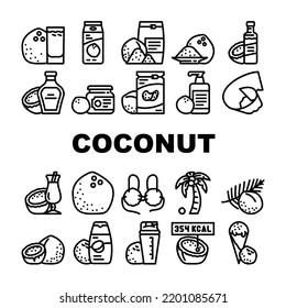 coconut coco fruit white tropical icons set vector. milk nut, fresh food, organic palm, natural oil, healthy exotic nutrition nature coconut coco fruit white tropical black contour illustrations