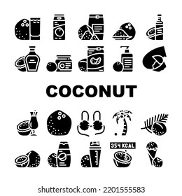 coconut coco fruit white tropical icons set vector. milk nut, fresh food, organic palm, natural oil, healthy exotic nutrition nature coconut coco fruit white tropical glyph pictogram Illustrations