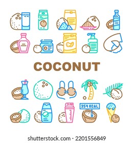 coconut coco fruit white tropical icons set vector. milk nut, fresh food, organic palm, natural oil, healthy exotic nutrition nature coconut coco fruit white tropical color line illustrations