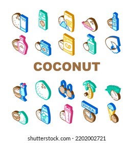 coconut coco fruit white tropical icons set vector. milk nut, fresh food, organic palm, natural oil, healthy exotic nutrition nature coconut coco fruit white tropical isometric sign illustrations