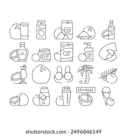 coconut coco fruit white tropical icons set vector. milk nut, fresh food, organic palm, natural oil, healthy exotic nutrition nature coconut coco fruit white tropical black contour illustrations