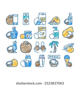 coconut coco fruit white tropical doodle icons set vector. sketch line art milk nut, fresh food, organic palm, natural oil, healthy exotic nutrition nature coconut coco tropical color illustrations