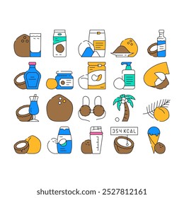 coconut coco fruit white tropical icons set vector. milk nut, fresh food, organic palm, natural oil, healthy exotic nutrition nature coconut coco fruit white tropical color Contour Illustrations