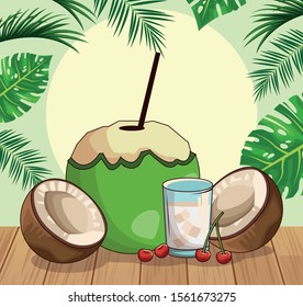 coconut and coconuts slices and cocktail over tropical leaves and retro style background, colorful design , vector illustration