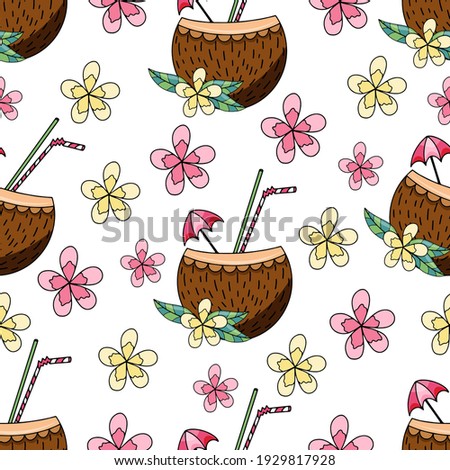 Coconut coctail and flowers seamless pattern vector illustration for textile print, wallpaper, fashion design