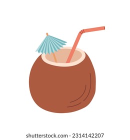 Coconut coctail with straw vector illustration. Tropical drink
