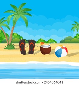 Coco con bebida fría, cóctel de alcohol, chanclas, bola. Paisaje de palmera en la playa. Día en un lugar tropical. Vacaciones y vacaciones. estilo plano de Ilustración vectorial