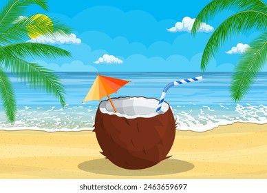 Coconut with cold drink, alcohol cocktail. Landscape of palm tree on beach. Day in tropical place. Vacation and holidays. Vector illustration flat style