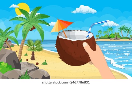 Coconut with cold drink, alcohol cocktail in hand. Landscape of palm tree on beach. Day in tropical place. Vacation and holidays. Vector illustration flat style