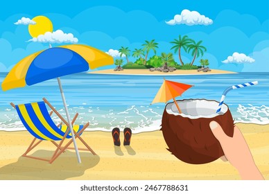 Coconut with cold drink in hand. Landscape of wooden chaise lounge, umbrella, flip flops on beach. Day in tropical place. Vector illustration in flat style