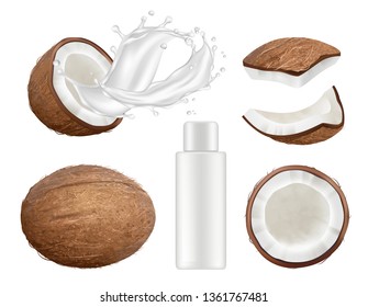 Coconut collection. Fresh tropical coco fruit with milk vector nature coconuts realistic illustrations