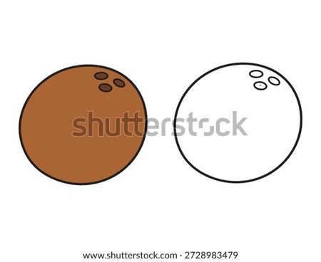 Coconut Coloring Worksheet for Kids. Bold and Easy cartoon fruit with Colored Example and Outline for toddlers and preschoolers 