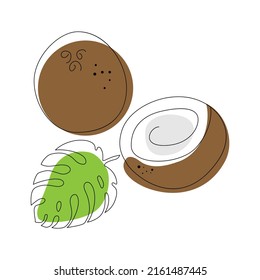 coconut continuous line drawing. One single line tropical fruits concept. Minimalism modern style for logo, icon, card or poster and print graphics 