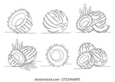 Conjunto de dibujo continuo de una línea de coco. Esquema de colecciones de iconos de frutas de coco aisladas sobre un fondo blanco. Trazo editable. Ilustración vectorial