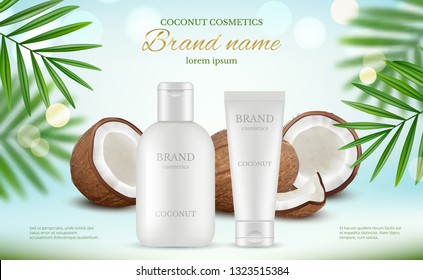 Coconut cosmetic. Advertizing poster with cream tubes and fresh coco and natural body milk splashes vector realistic