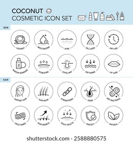 Coconut cosmetic icon set for skin and hair. The outline icons are well scalable and editable. Contrasting elements are good for different backgrounds. EPS10.	