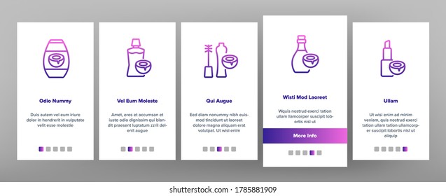 Coconut Cosmetic Pack Onboarding Mobile App Page Screen Vector. Coconut Cream Packaging Bottles And Containers, Oil Drop And Lipstick Illustrations
