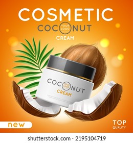 Coconut cosmetic poster. Realistic cream container with coconut oil, jar with twist cap, nut pieces and palm leaf, face and body care, 3d elements. Promotional banner utter vector concept