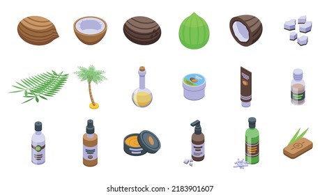 Coconut cosmetics icons set isometric vector. Milk oil. Coco butter