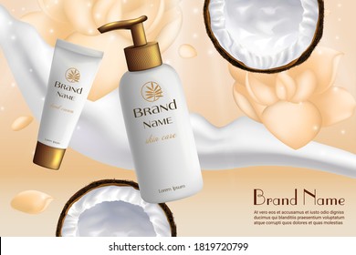 Coconut cosmetics packages vector illustration. Realistic 3d bottle and container packaging with coconut moisturizing cream or milk body lotion, shower gel for beauty skin care advertising background
