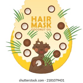 Coconut cosmetics product design. Cartoon vector illustration with happy woman with coco nuts used for health treatment, Organic coconut oil label for natural beauty, tropical spa lotion for hair care