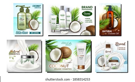 Coconut Cosmetics Promotion Posters Set Vector. Oil And Shampoo Blank Bottles, Face Cream And Hair Mask Tubes Natural Cosmetics Collection Advertising Banners. Color Concept Template Illustrations