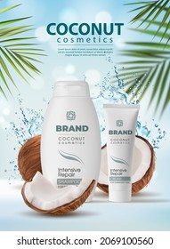 Coconut Cosmetics, Shampoo And Cream Packaging, Water Splash And Palm Leaves. Vector Coconut Oil Or Coco Milk Cosmetic Products, Skincare And Body Care Moisturizer Lotion With Shampoo Bottle Mockup