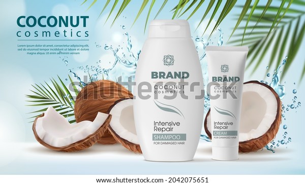 Coconut cosmetics, shampoo and cream packaging in\
water splash. Vector coconut palm tree fruit, nut shell and green\
leaves. Realistic 3d bottle and tube of natural products for hair\
care, ad poster