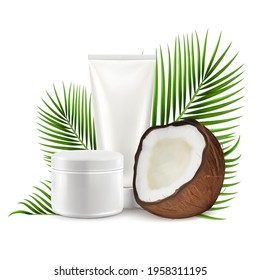 cosméticos de coco, ilustración vectorial. Coco realista con tubo de crema de imitación, hojas de palmera.