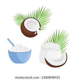 Coconut cream in a jar, oil. Vector set in the flat style.